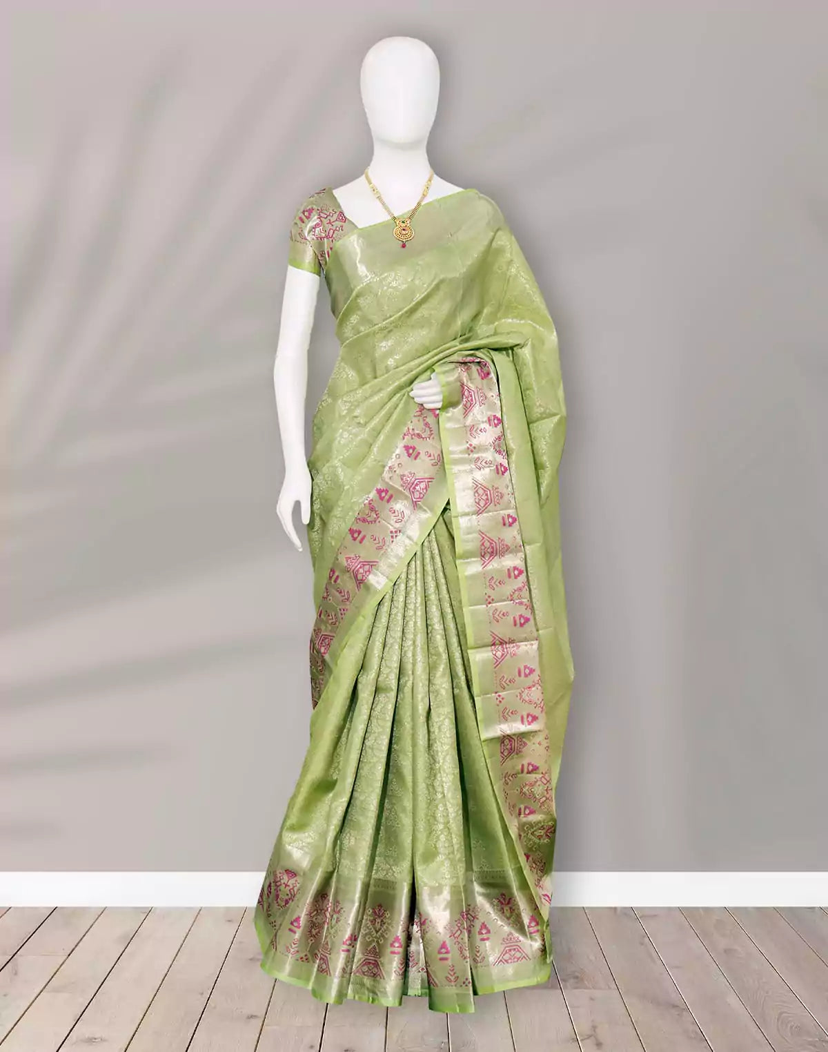 Image of Pista Green all over Silver Zari Meenakari with Self Border Saree