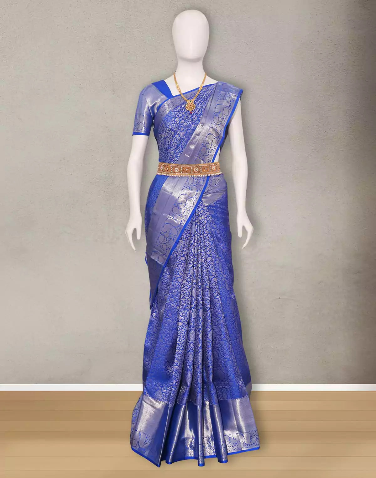 Image of Royal Blue Floral design Silver Zari Self Border Saree