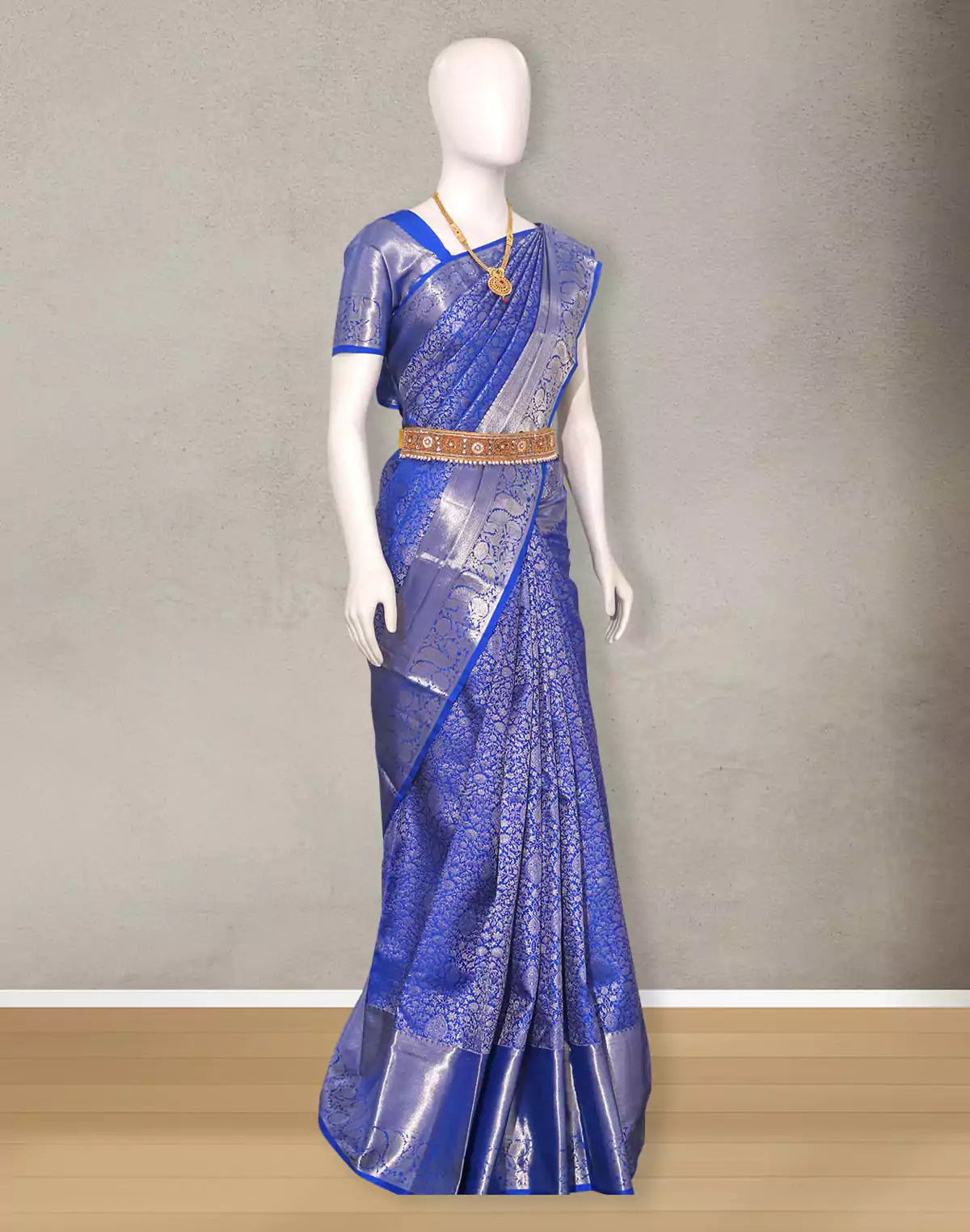 Image of Royal Blue Floral design Silver Zari Self Border Saree