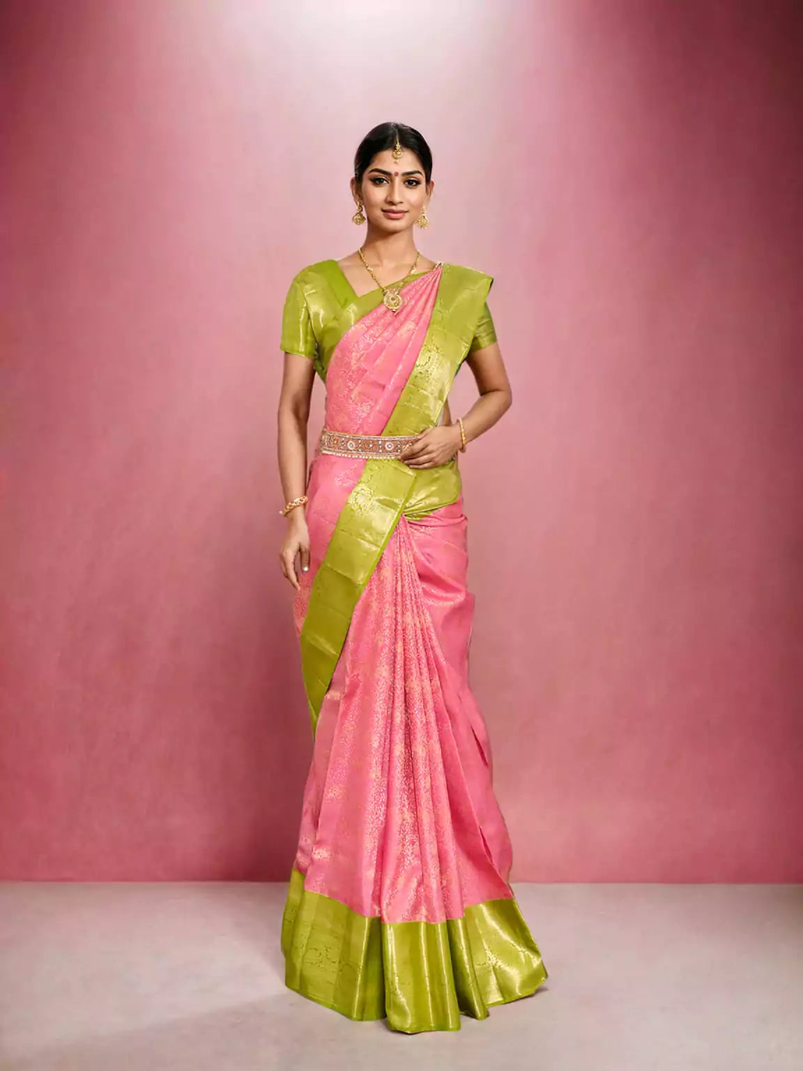 Image of Elegant Light Pink Kanchi Pattu Pure Silk Saree with Contrast Border