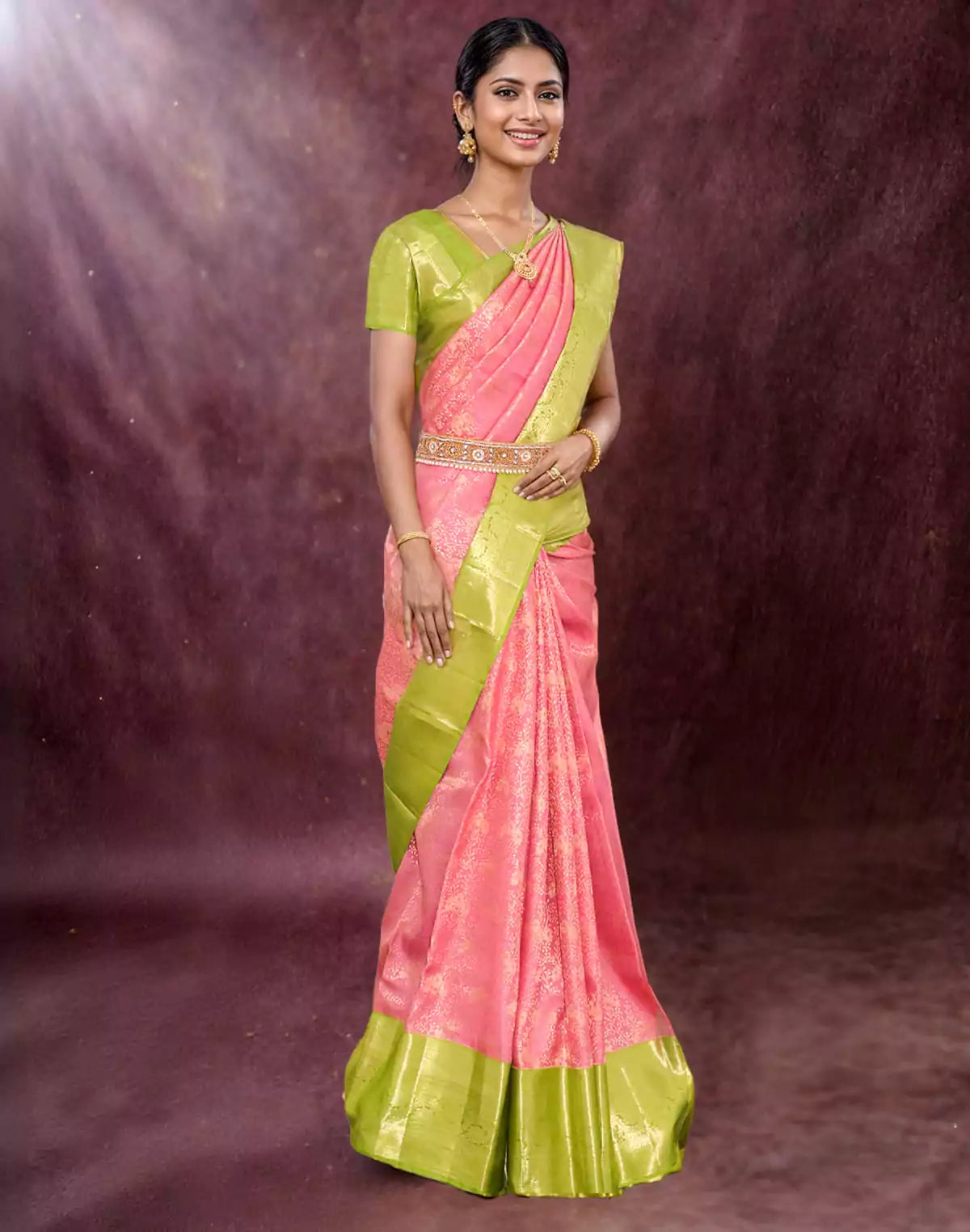 Image of Elegant Light Pink Kanchi Pattu Pure Silk Saree with Contrast Border