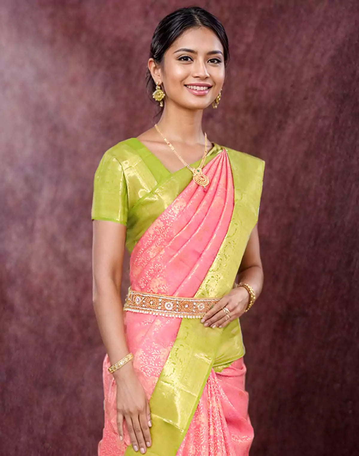 Image of Elegant Light Pink Kanchi Pattu Pure Silk Saree with Contrast Border