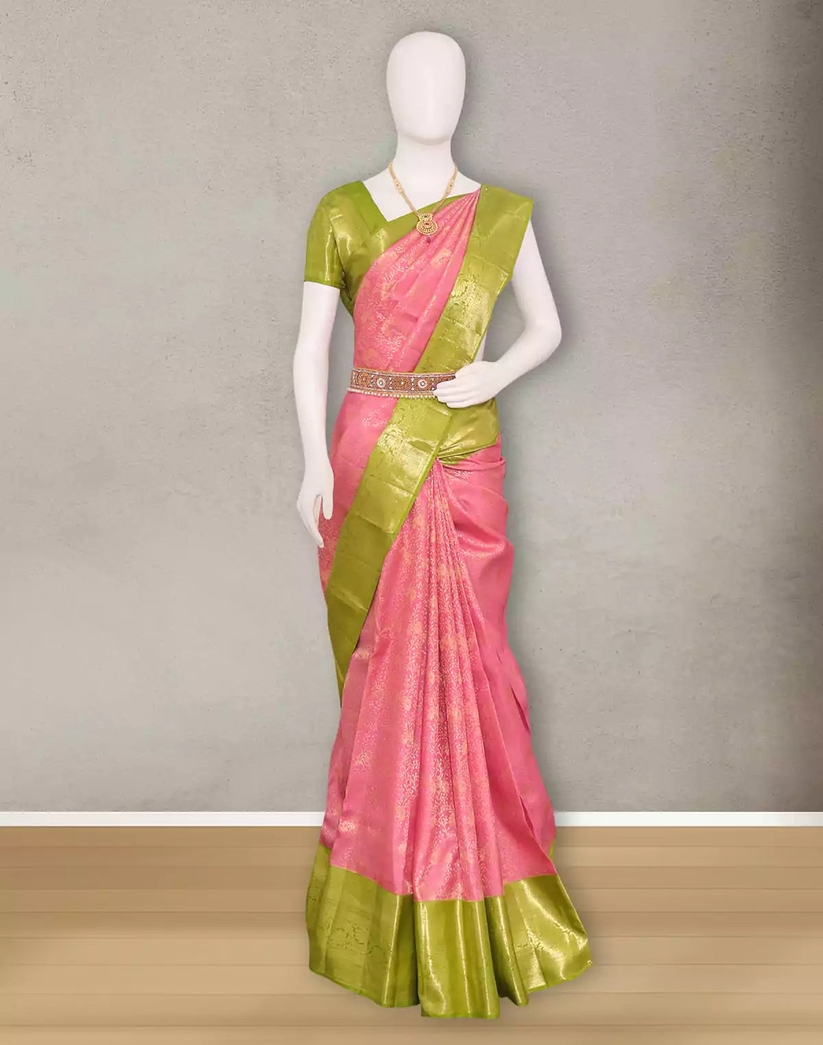 Image of Elegant Light Pink Kanchi Pattu Pure Silk Saree with Contrast Border