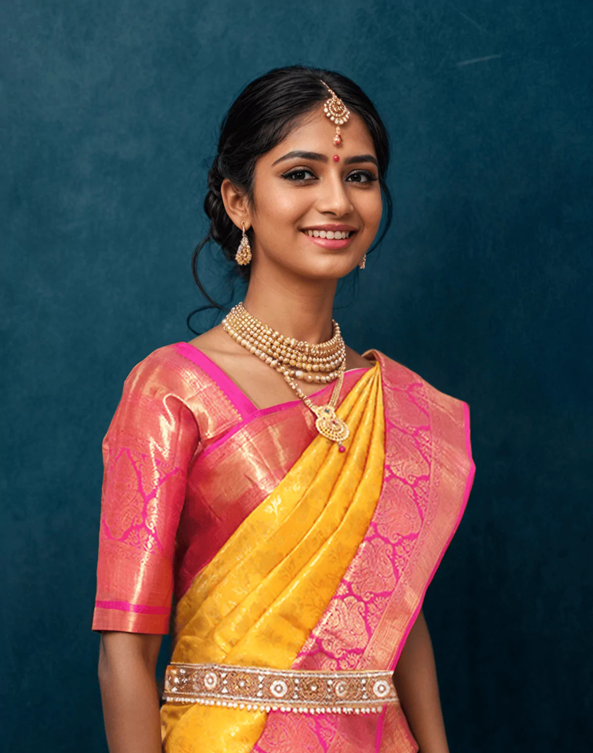 Image of Mustard and Pink Kanchi Pattu Pure Silk Saree