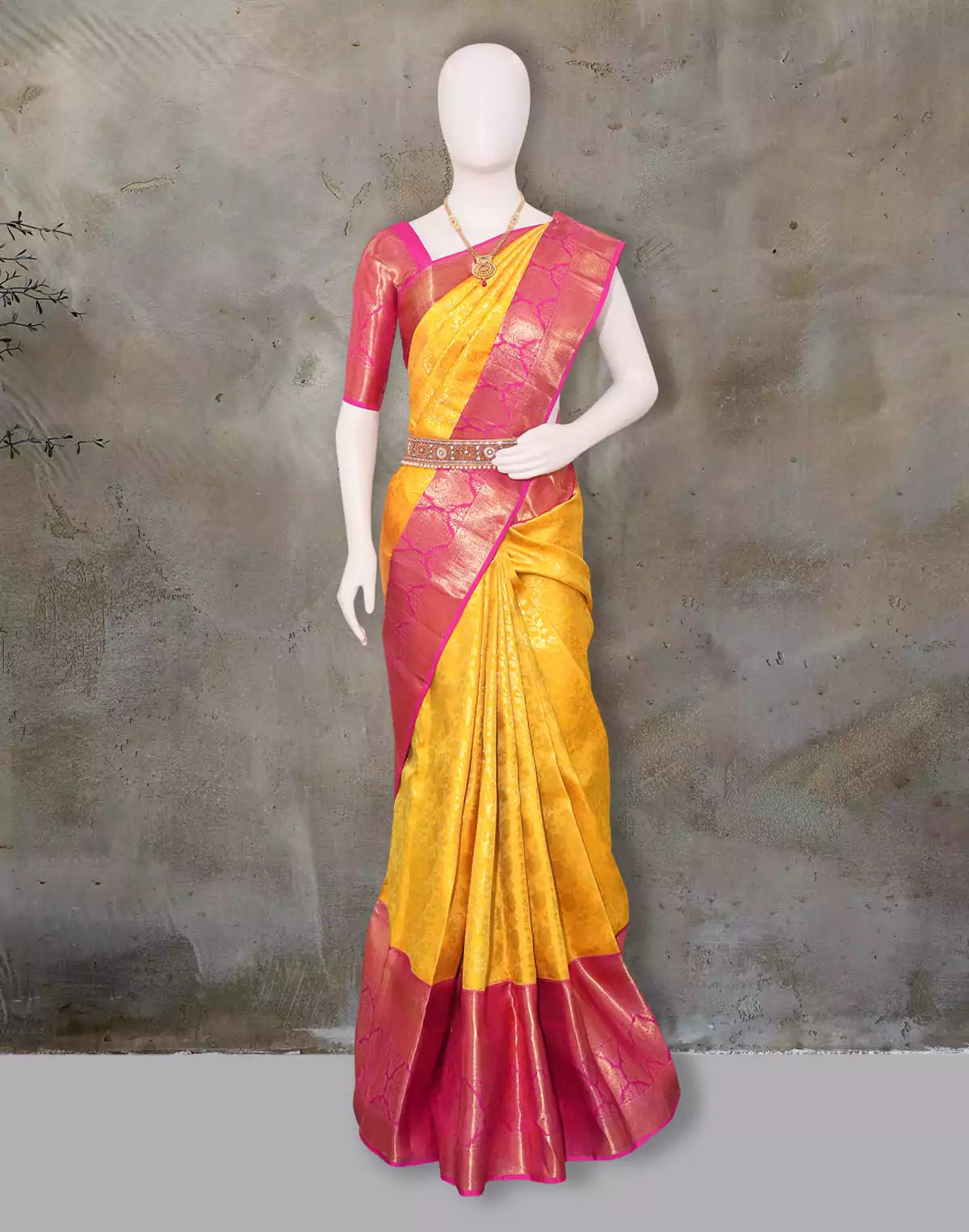 Image of Mustard and Pink Kanchi Pattu Pure Silk Saree