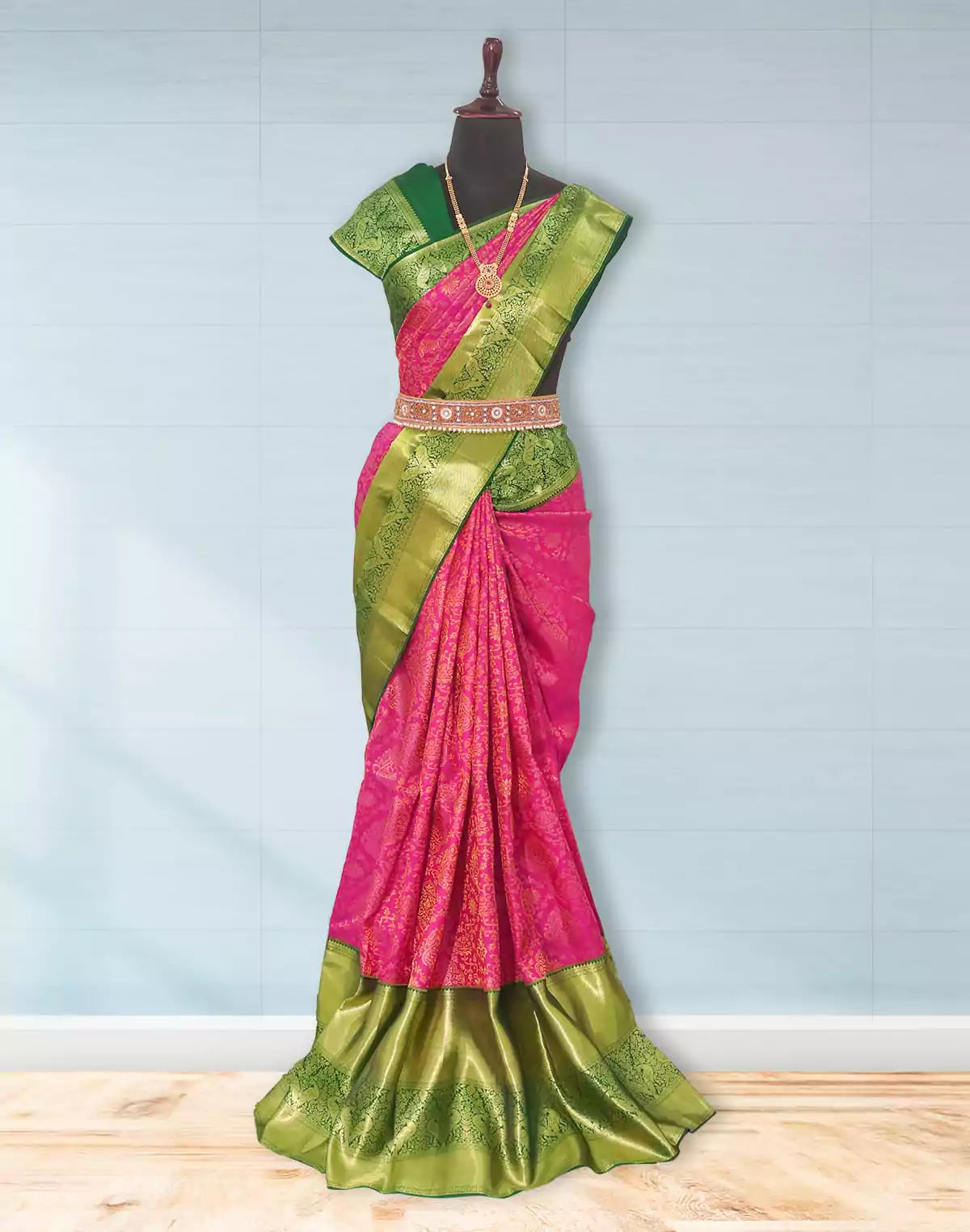 Image of Beautiful Dark Pink Floral design Kanchi Pattu Pure Silk Saree