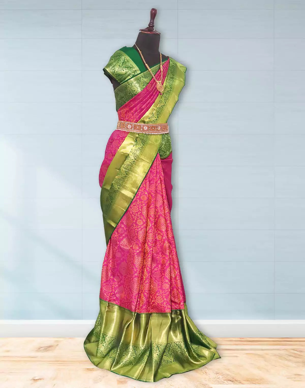 Image of Beautiful Dark Pink Floral design Kanchi Pattu Pure Silk Saree