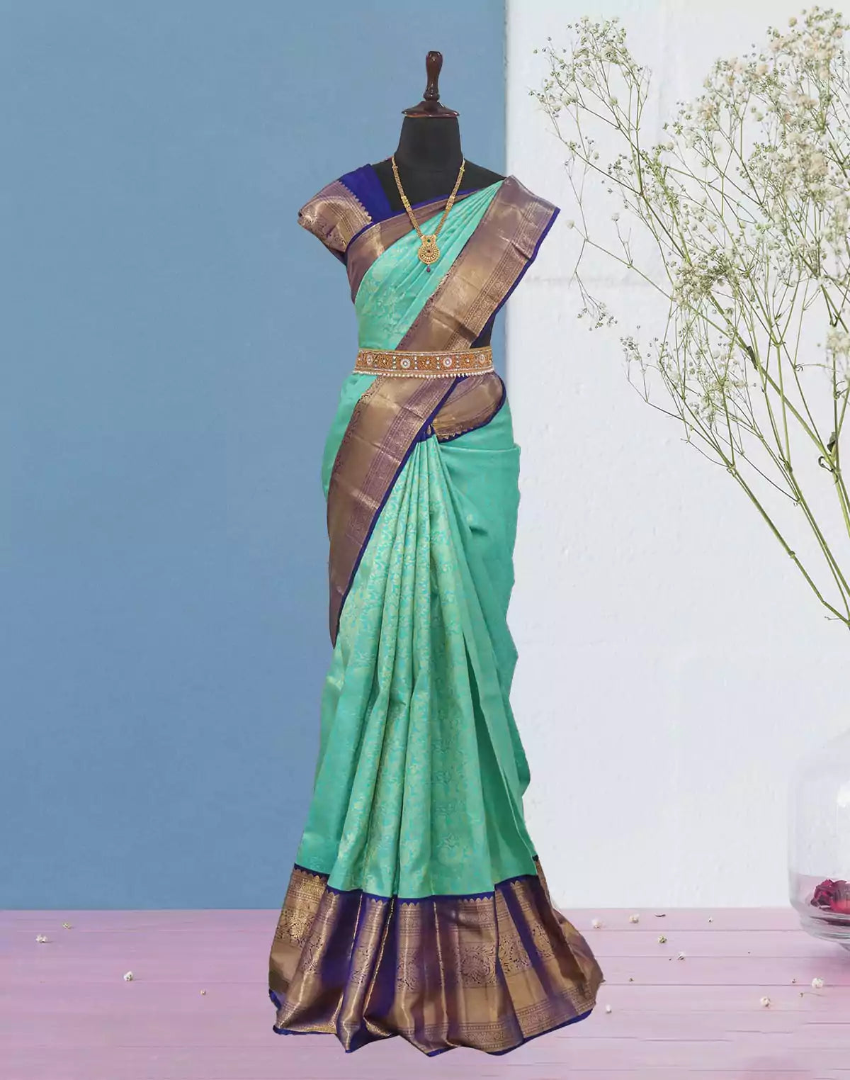 Image of Sea Green Kanchi Pattu Pure Silk Saree with Contrast Border