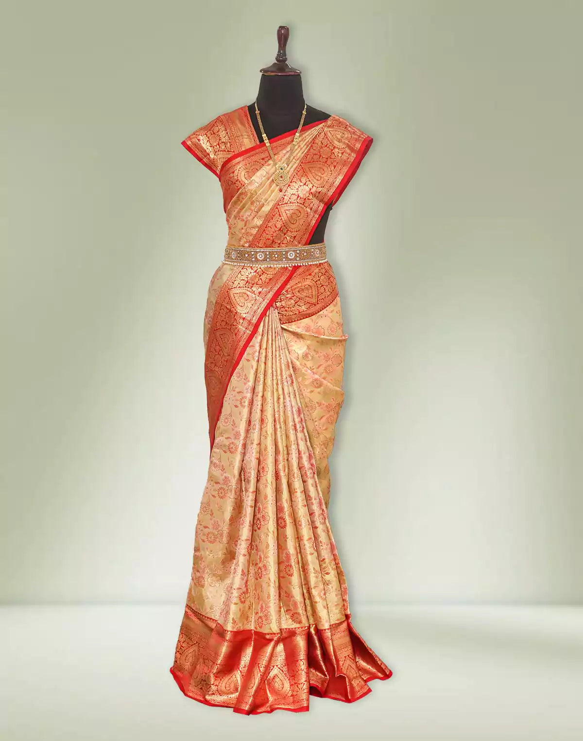 Image of Stylish Cream and Red Tissue Jaal Kanchi Pattu Pure Silk Saree