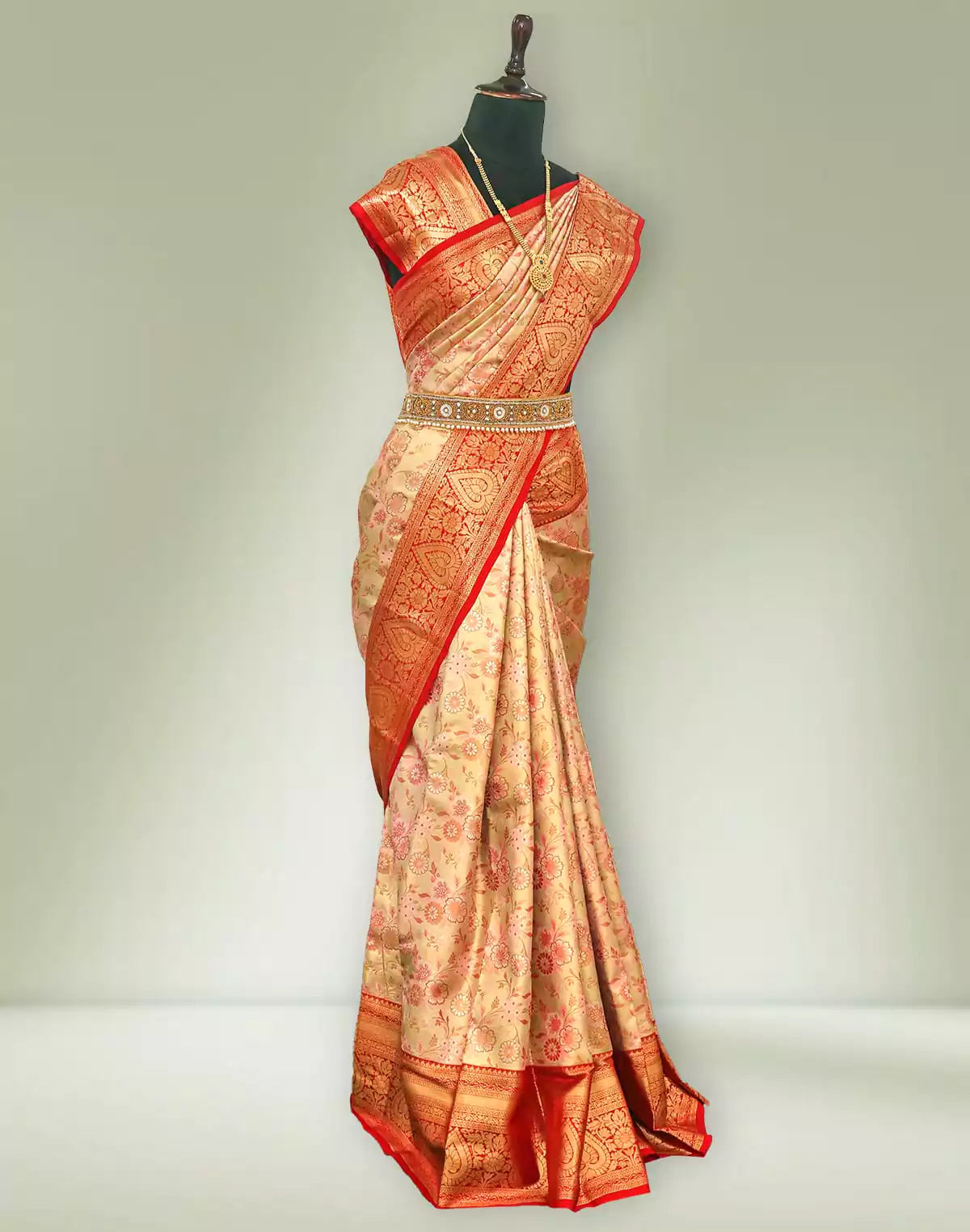 Image of Stylish Cream and Red Tissue Jaal Kanchi Pattu Pure Silk Saree