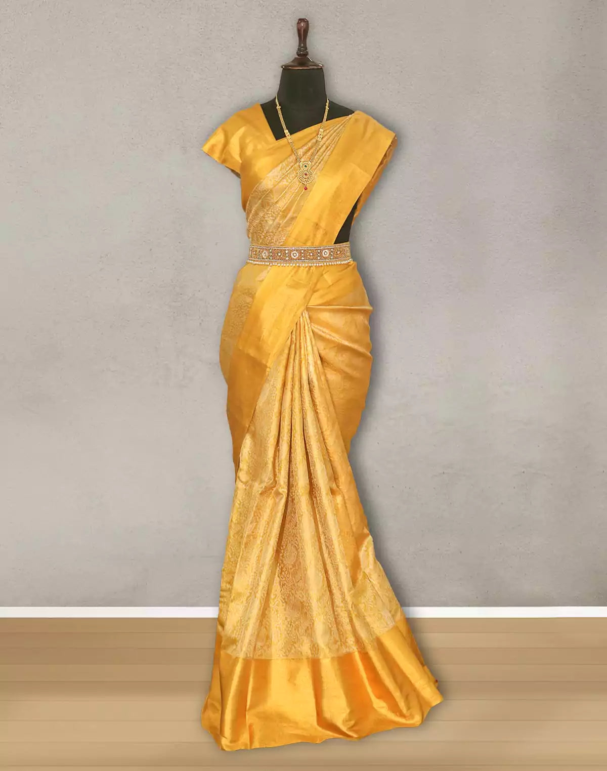 Image of Mustard all over Tissue Jaal Saree with Self Skut Border