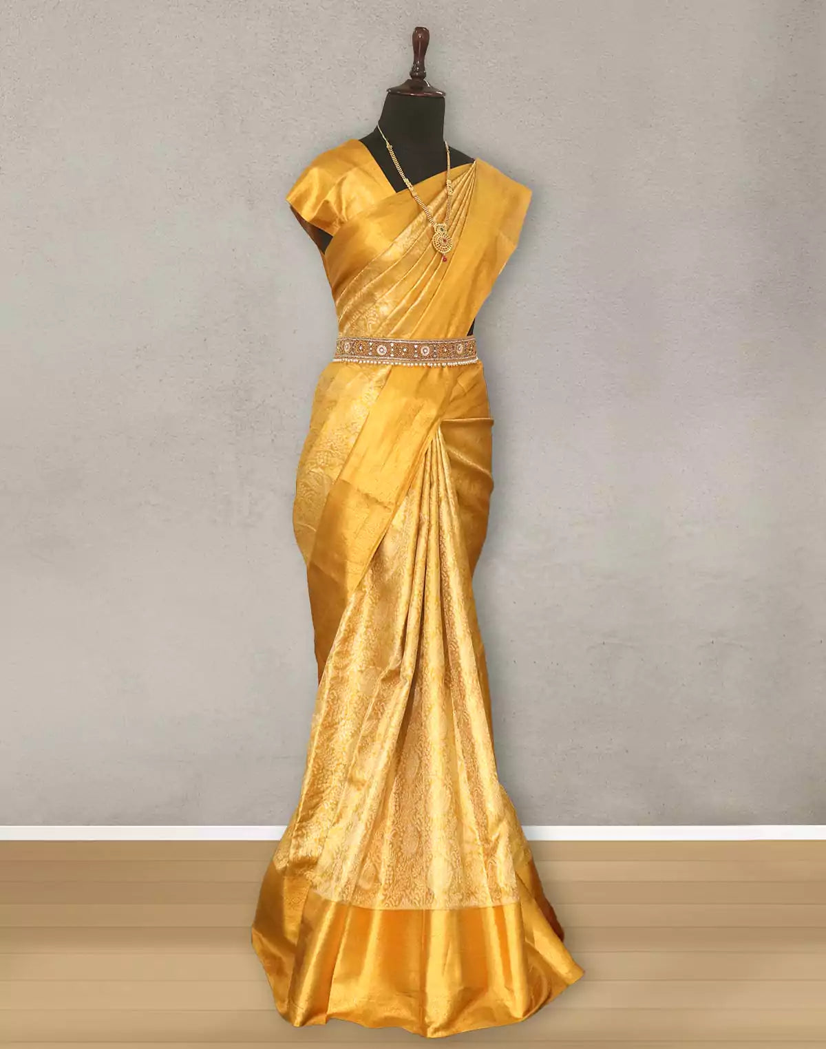 Image of Mustard all over Tissue Jaal Saree with Self Skut Border