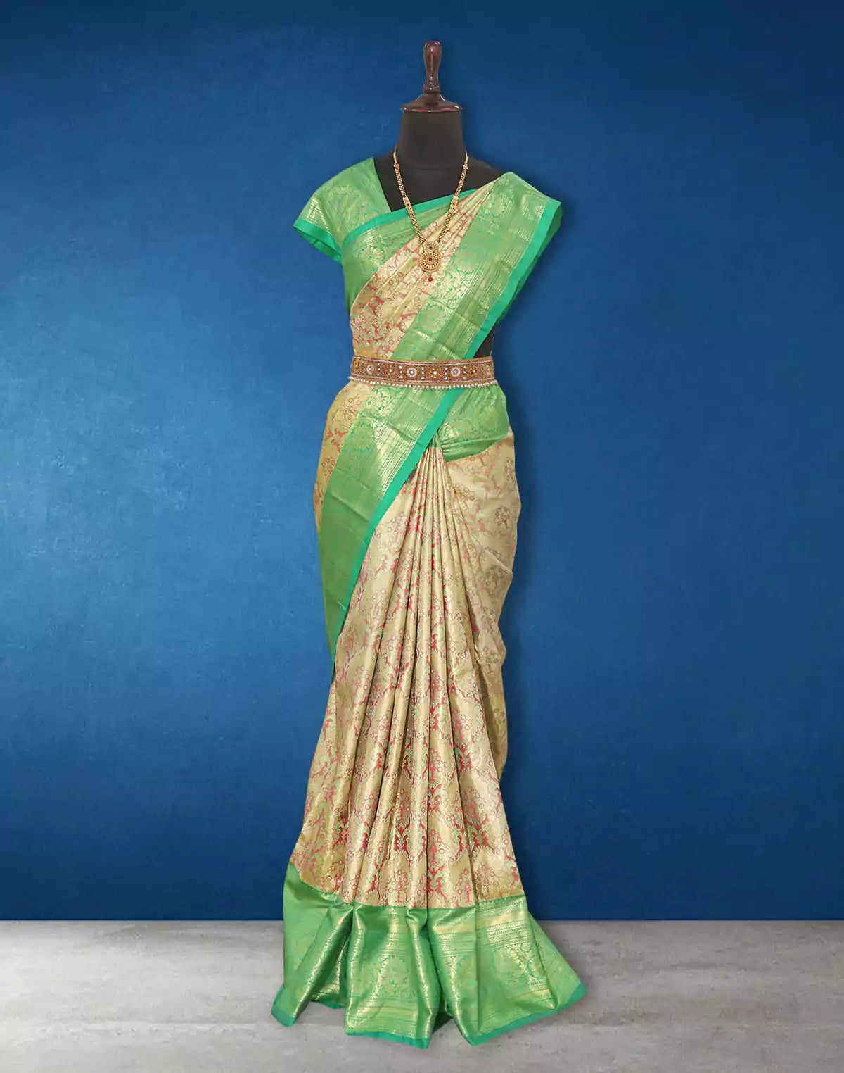 Image of Light Green Floral Tissue Jaal Kanchi Pattu Pure Silk Saree