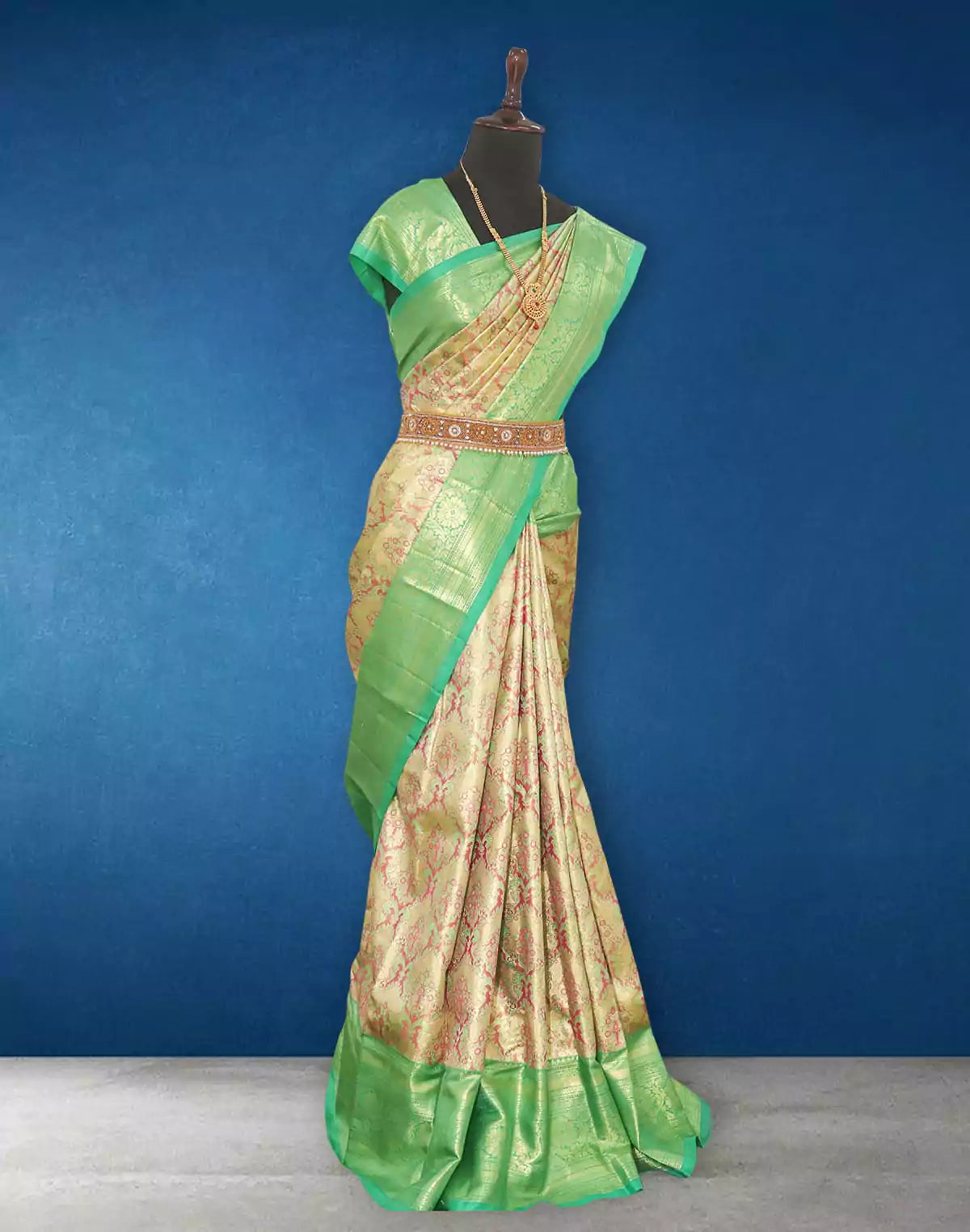 Image of Light Green Floral Tissue Jaal Kanchi Pattu Pure Silk Saree