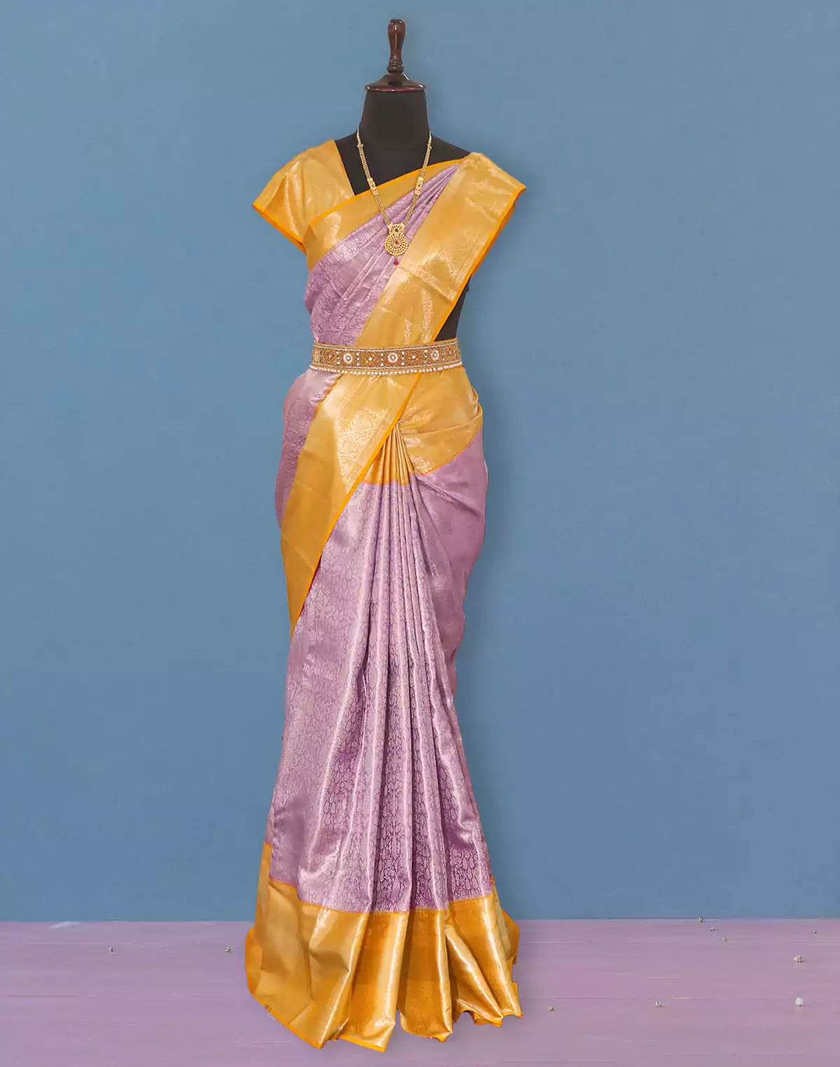 Image of Light Purple all over Silver Zari Tissue Jaal Saree with Contrast Border