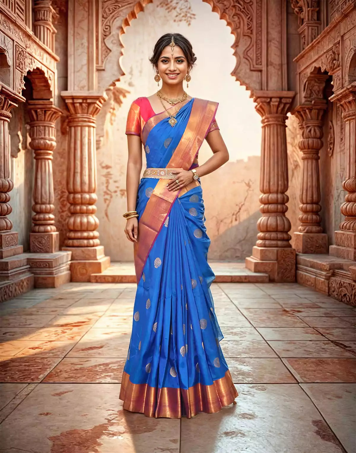 Image of Royal Blue and Red Color Kanchi Pattu Saree
