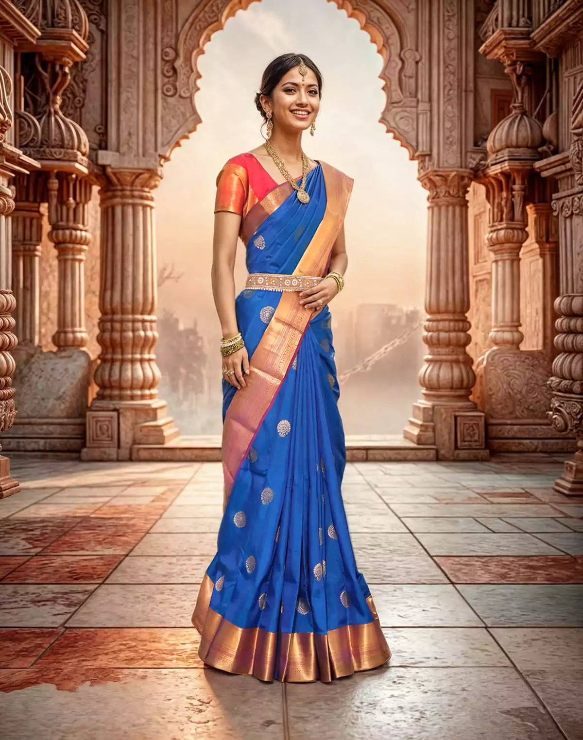 Image of Royal Blue and Red Color Kanchi Pattu Saree