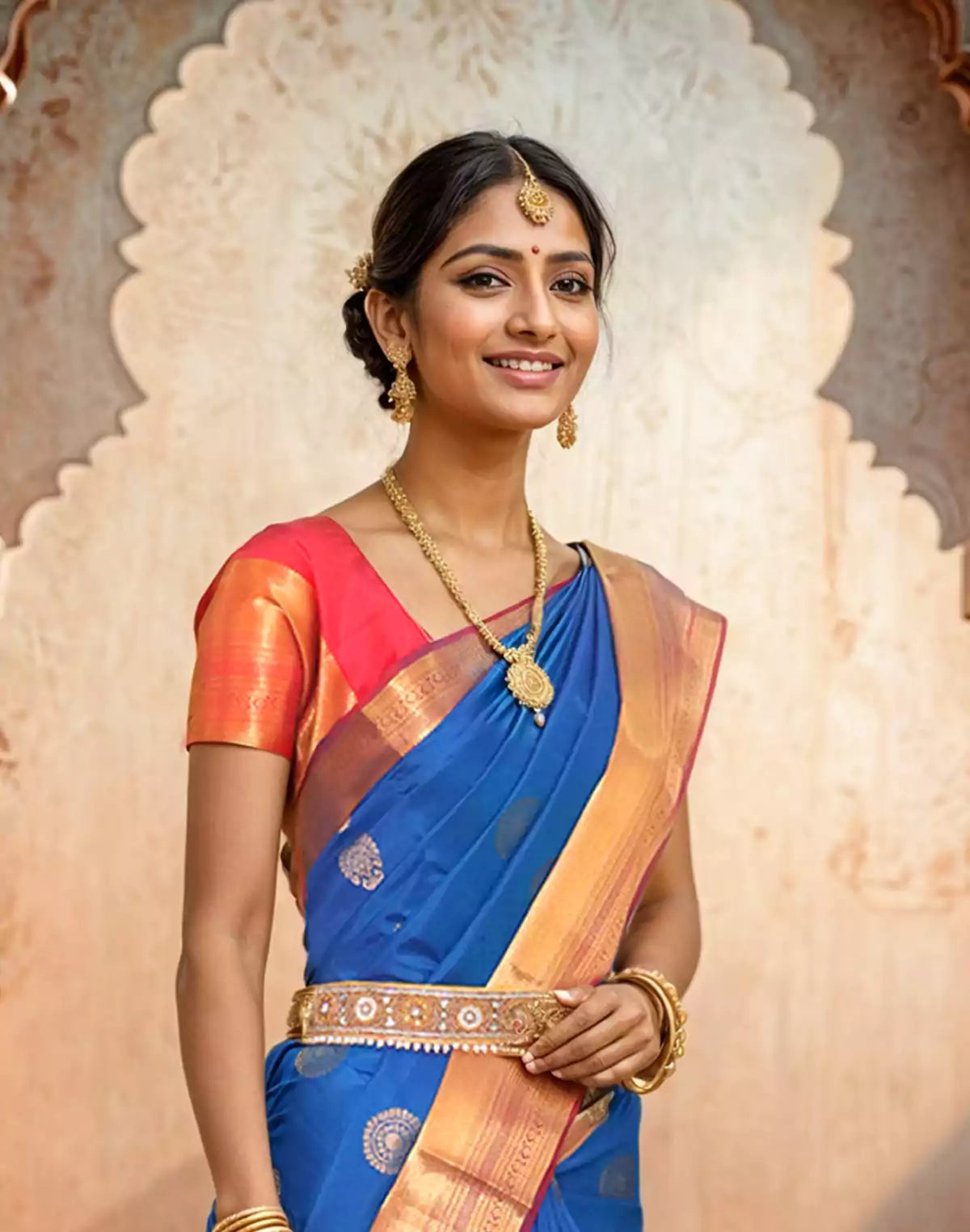 Image of Royal Blue and Red Color Kanchi Pattu Saree