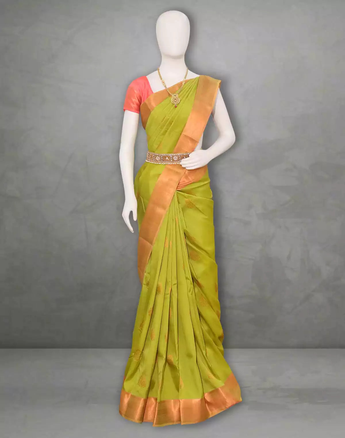 Image of Parrot Green Butta light weight Kanchi Pattu Saree with Copper Zari Border
