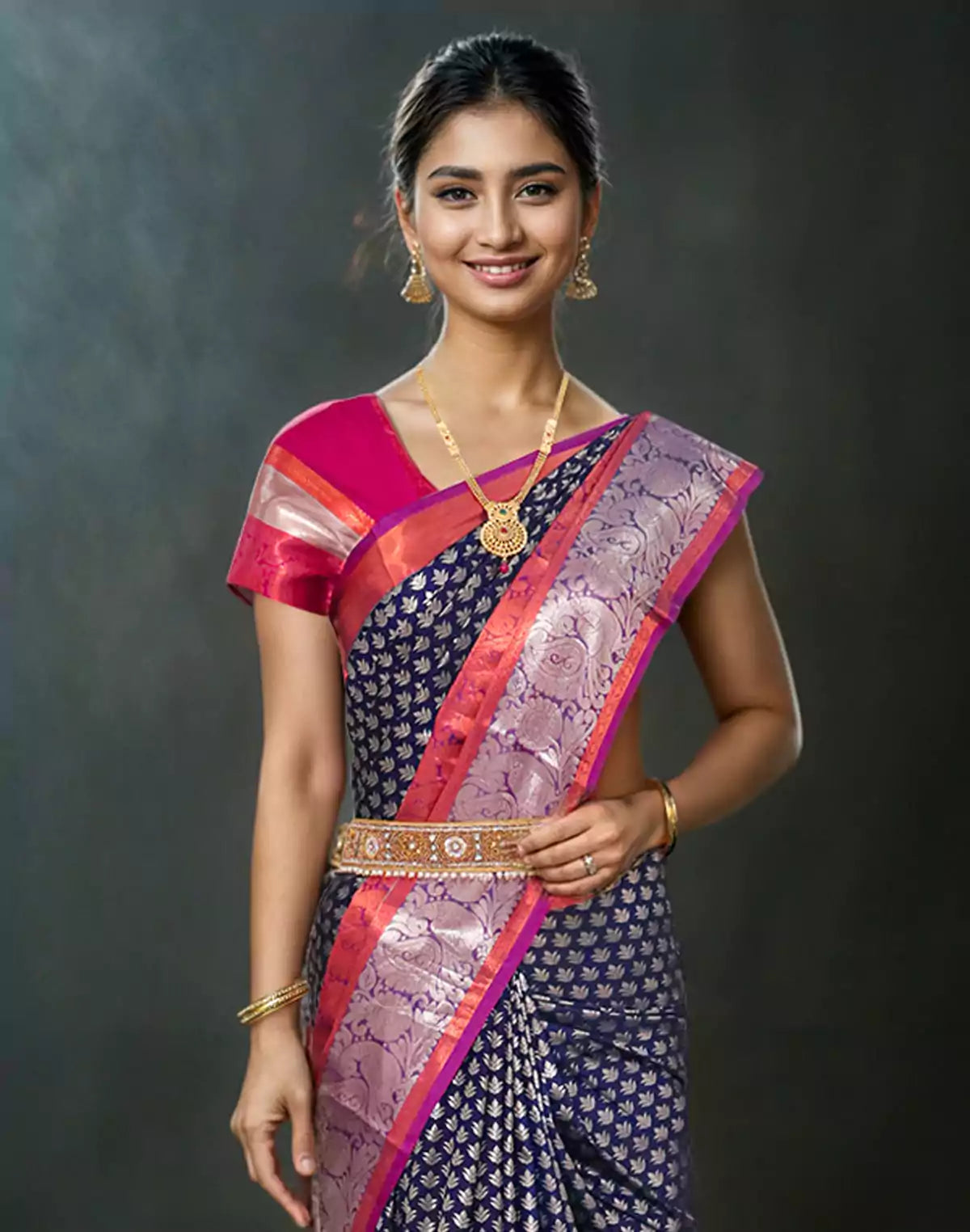 Image of Navy Blue Silver Brocade Kanchi Pattu Silk Saree
