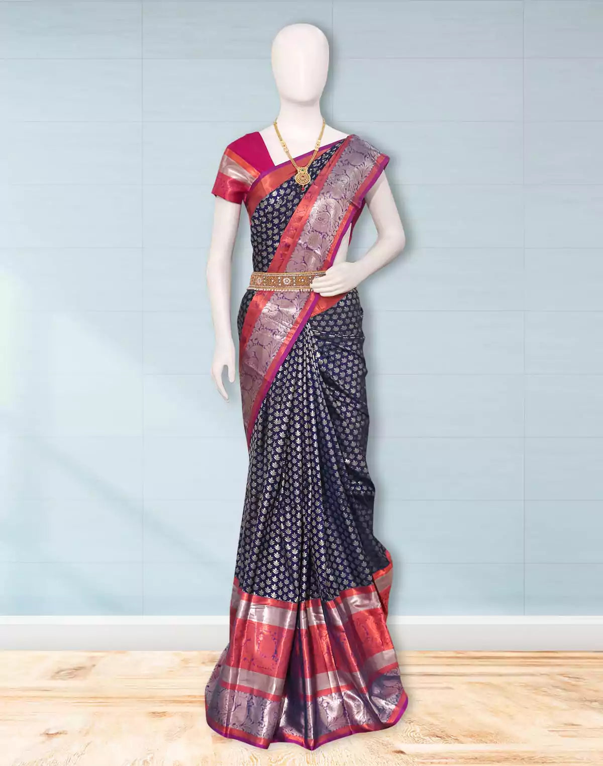 Image of Navy Blue Silver Brocade Kanchi Pattu Silk Saree
