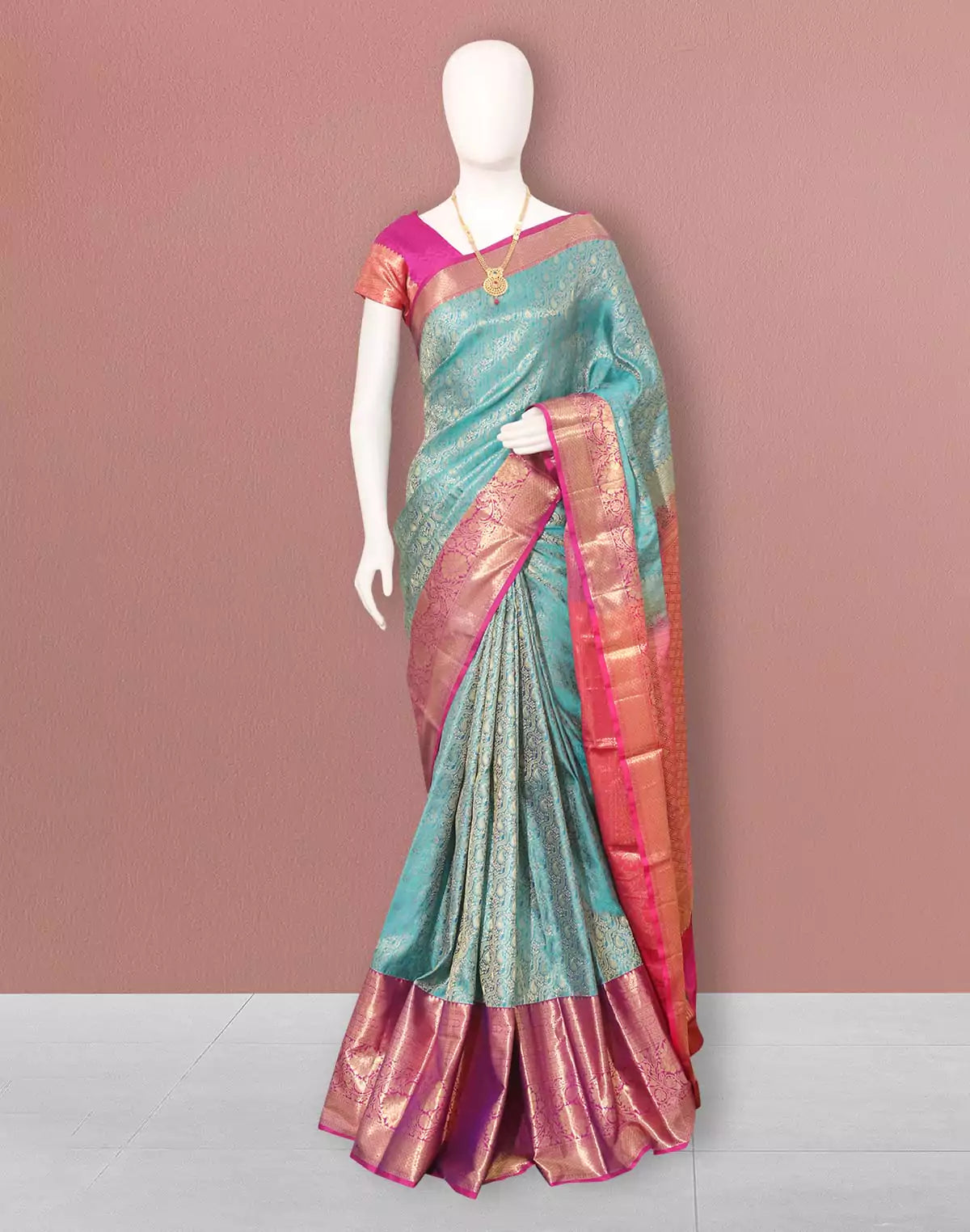 Image of Sky Blue all over floral design Contrast Zari Border Saree