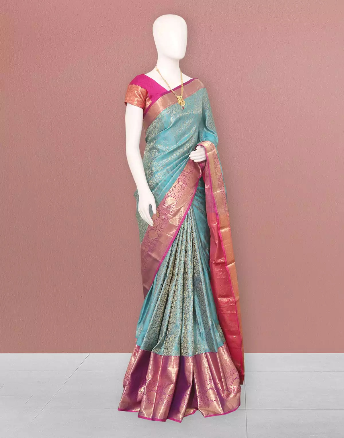 Image of Sky Blue all over floral design Contrast Zari Border Saree