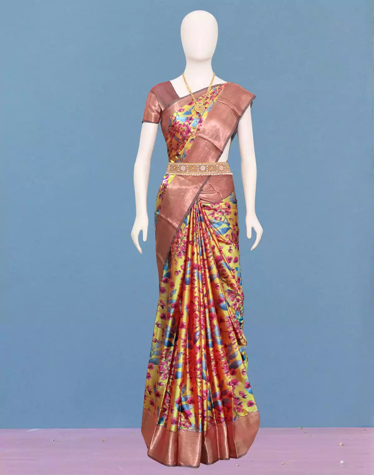 Image of Light Yellow Kalamkari digital print Silk Saree