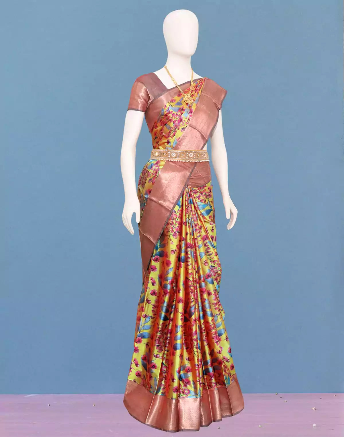 Image of Light Yellow Kalamkari digital print Silk Saree