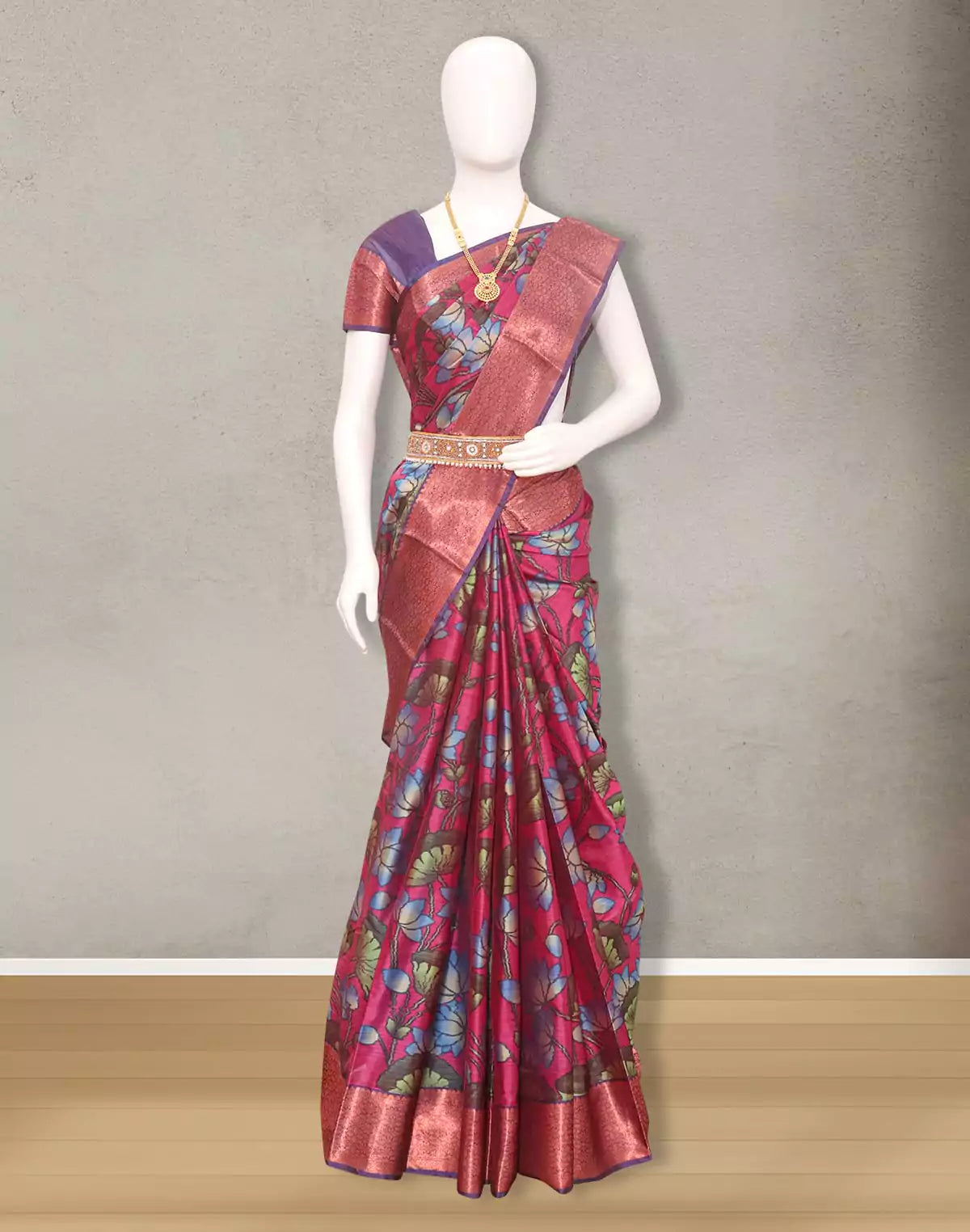 Image of Kanchi Pink Colour Kalamkari Digital Print Saree with Copper Zari Border