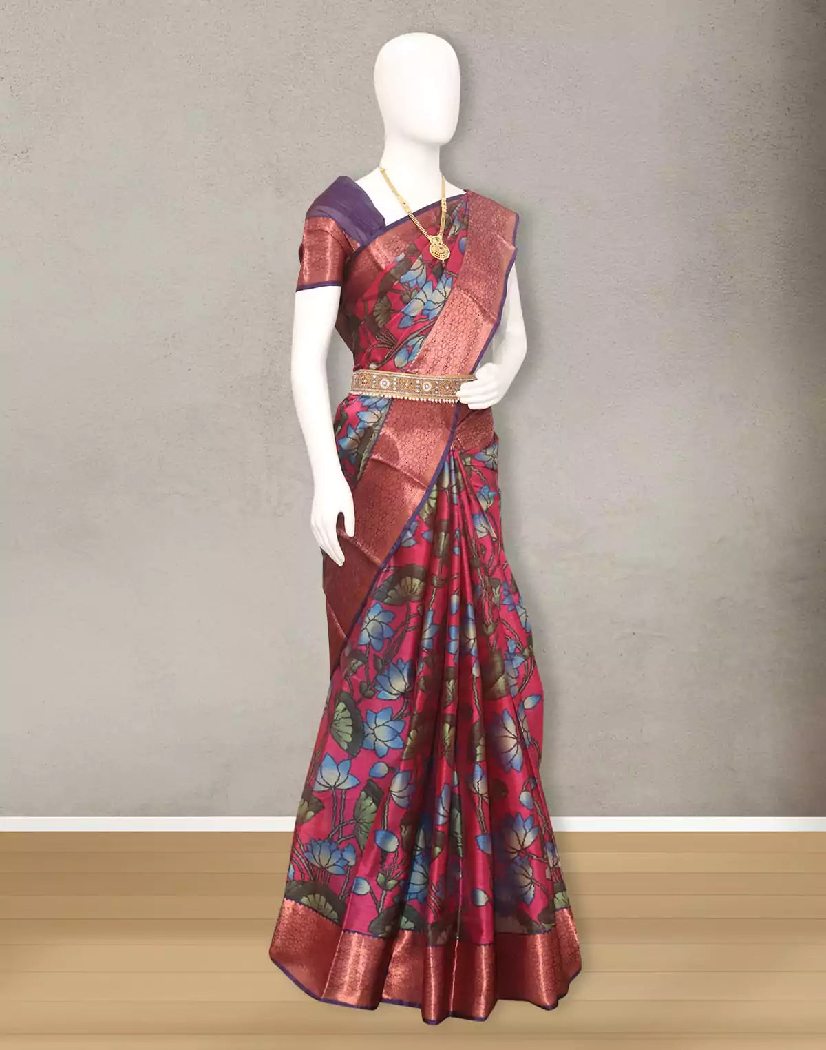 Image of Kanchi Pink Colour Kalamkari Digital Print Saree with Copper Zari Border