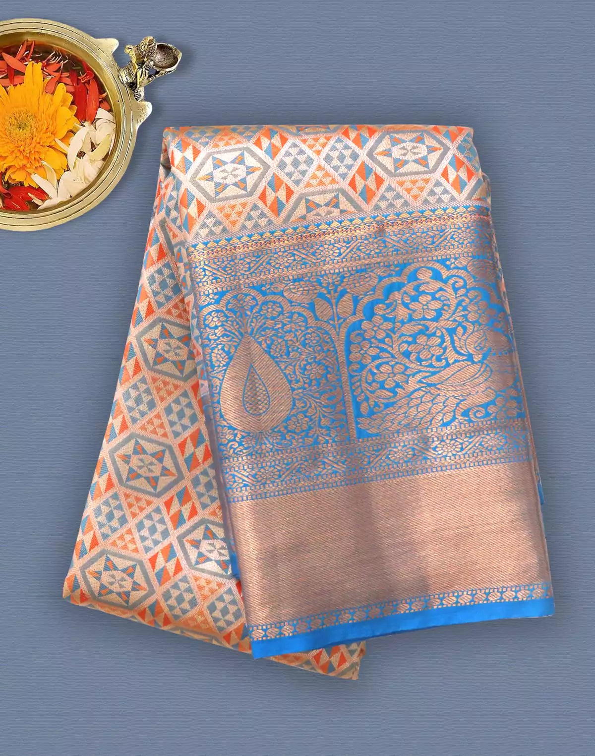 Image of Light Orange Tissue Jaal Meenakari Silk Saree