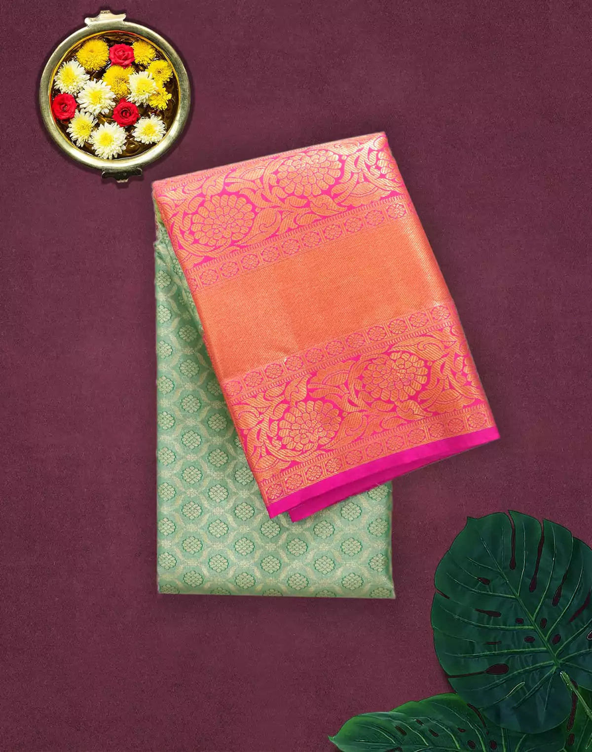 Image of Parrot Green Tissue Silk Saree with Floral Jaal Weaving