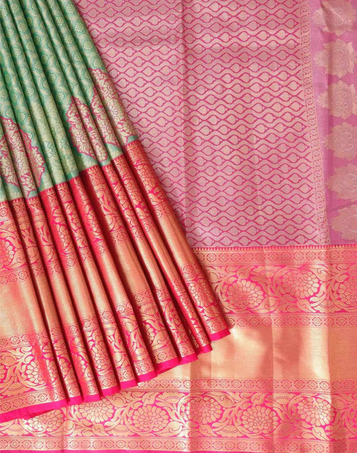 Image of Parrot Green Tissue Silk Saree with Floral Jaal Weaving