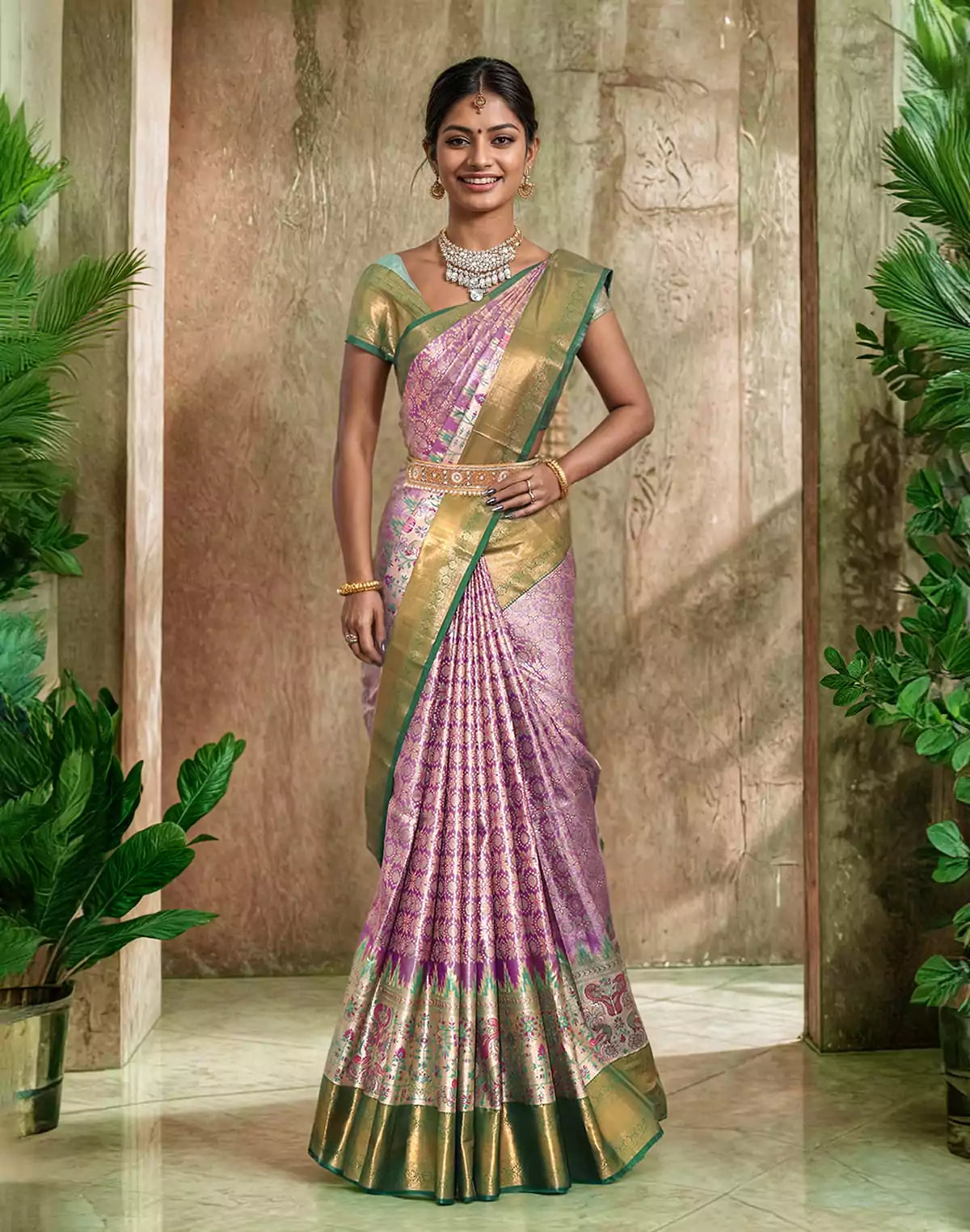 Image of Light Purple Tissue Silk Saree with Jaal design