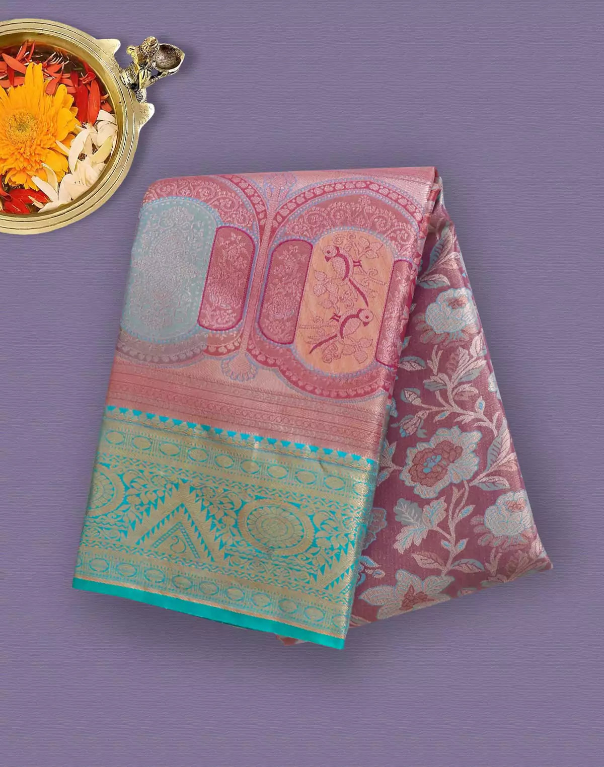 Image of Violet Floral Tissue Jaal Weaving Saree