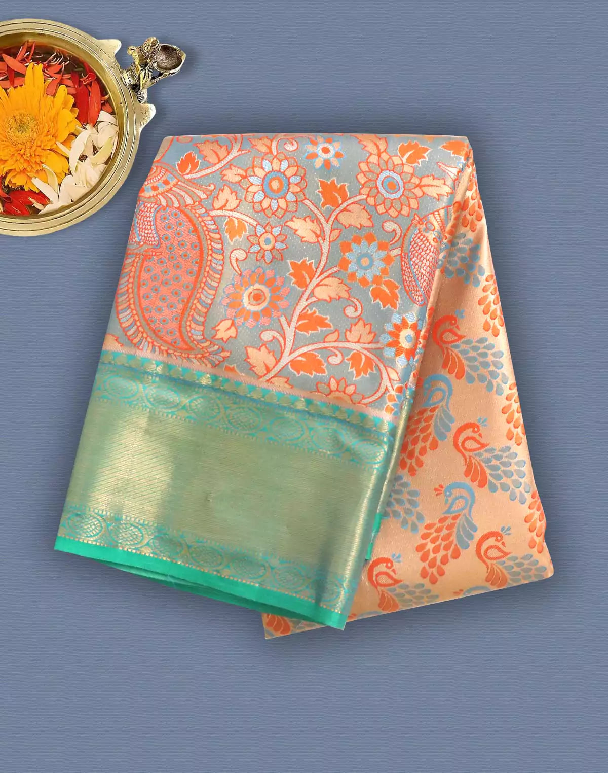 Image of Orange and Sky Blue Tissue Jaal Weaving Saree