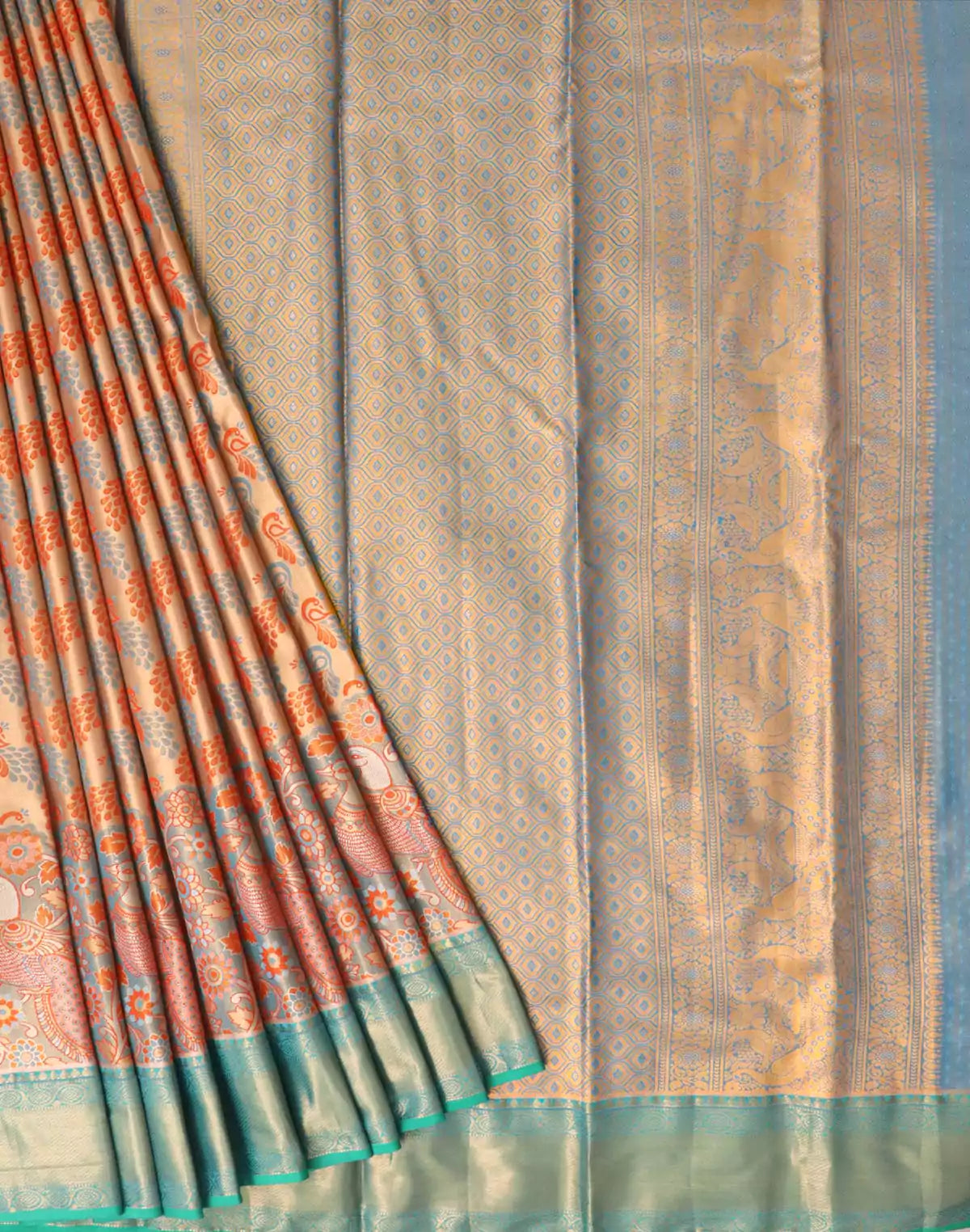 Image of Orange and Sky Blue Tissue Jaal Weaving Saree