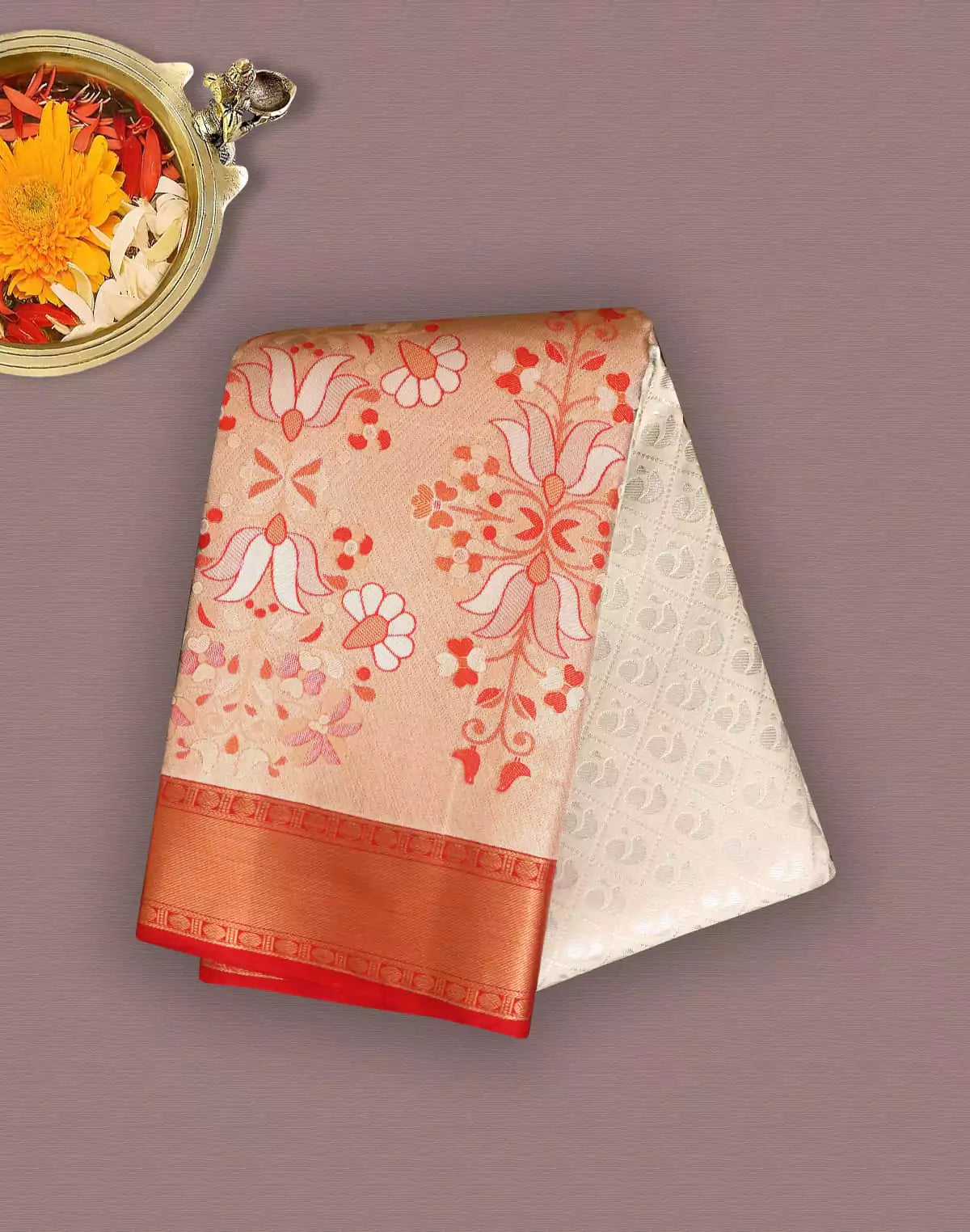 Image of Off White all over Silver Brocade Contrast Border Saree