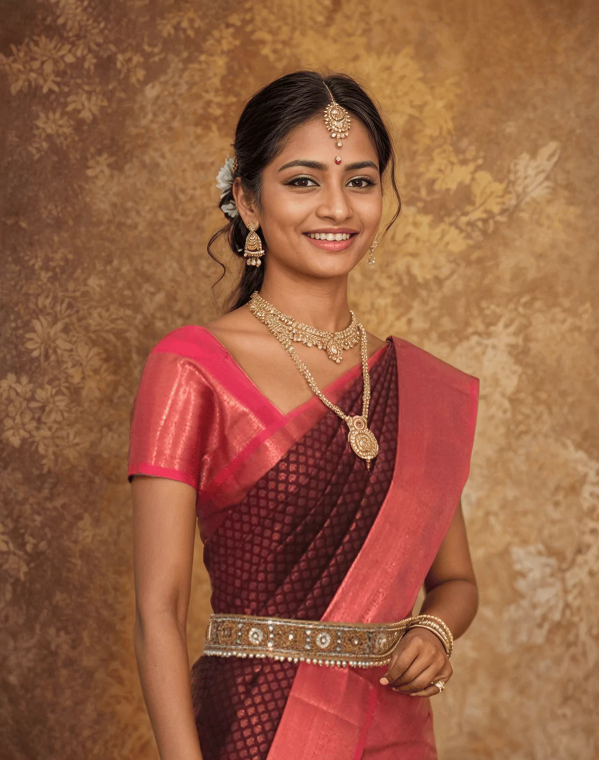 Image of Maroon Floral Motifs Silk Saree