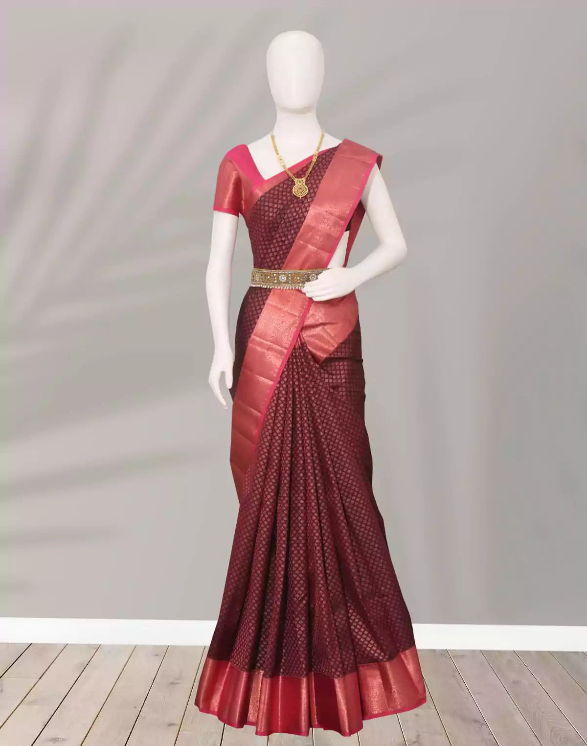 Image of Maroon Floral Motifs Silk Saree