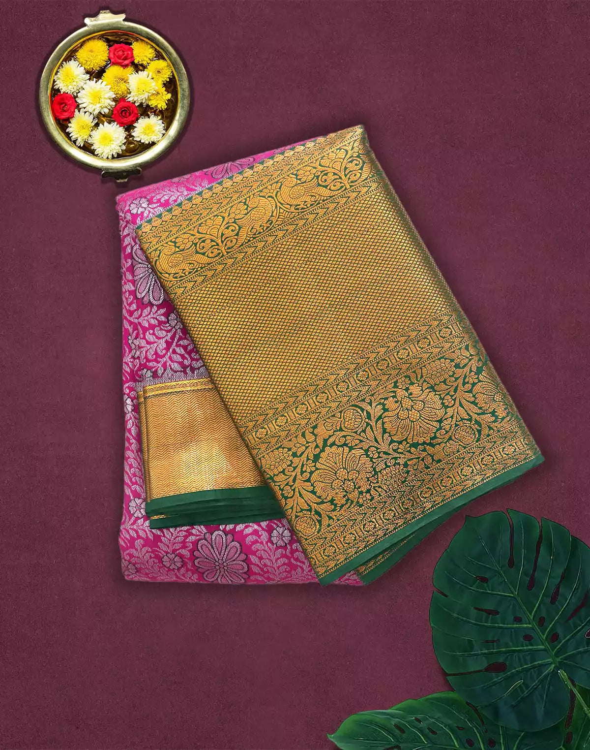 Image of Magenta Floral Silk Saree with Copper Zari Border