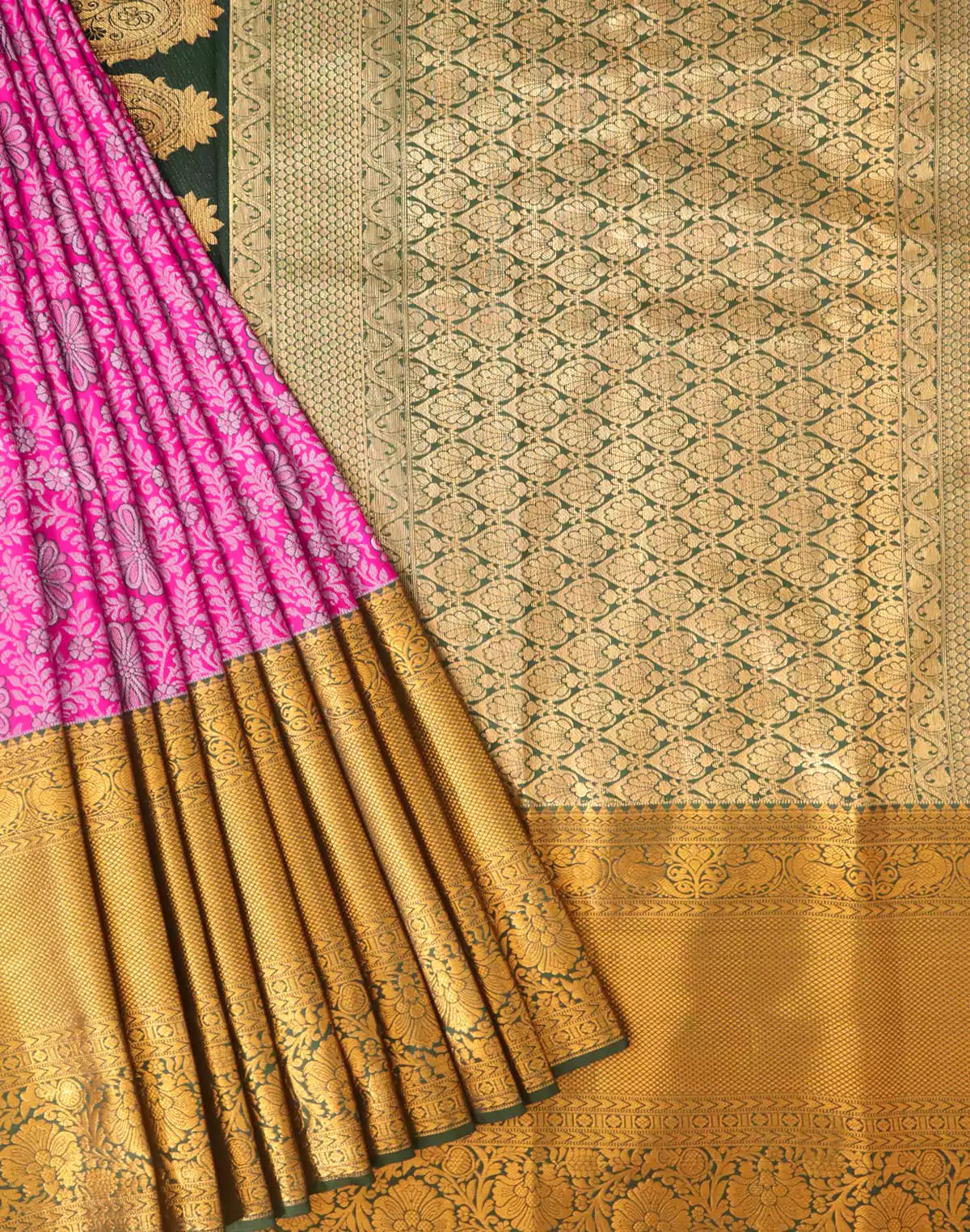 Image of Magenta Floral Silk Saree with Copper Zari Border