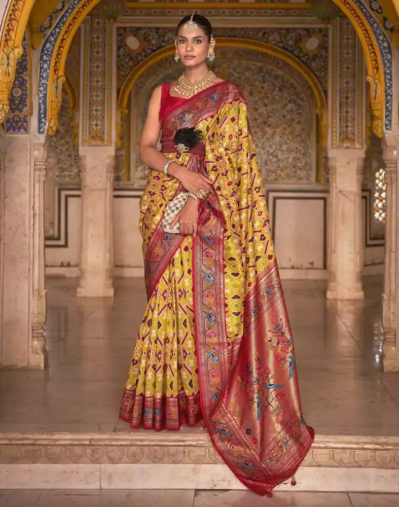 Image of Mustard Ikat Print Patola Fancy Saree