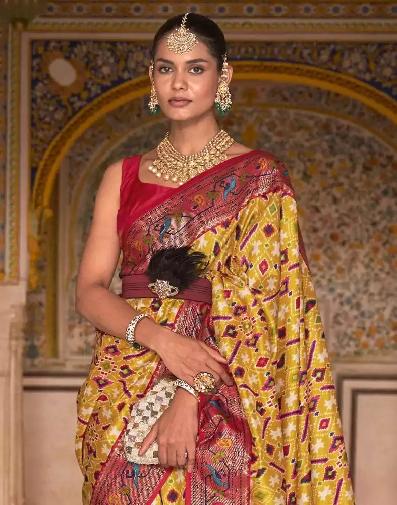 Image of Mustard Ikat Print Patola Fancy Saree