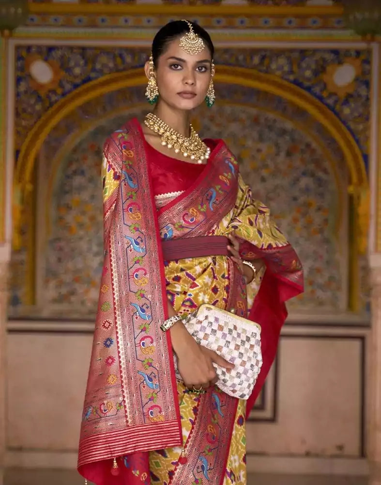 Image of Mustard Ikat Print Patola Fancy Saree