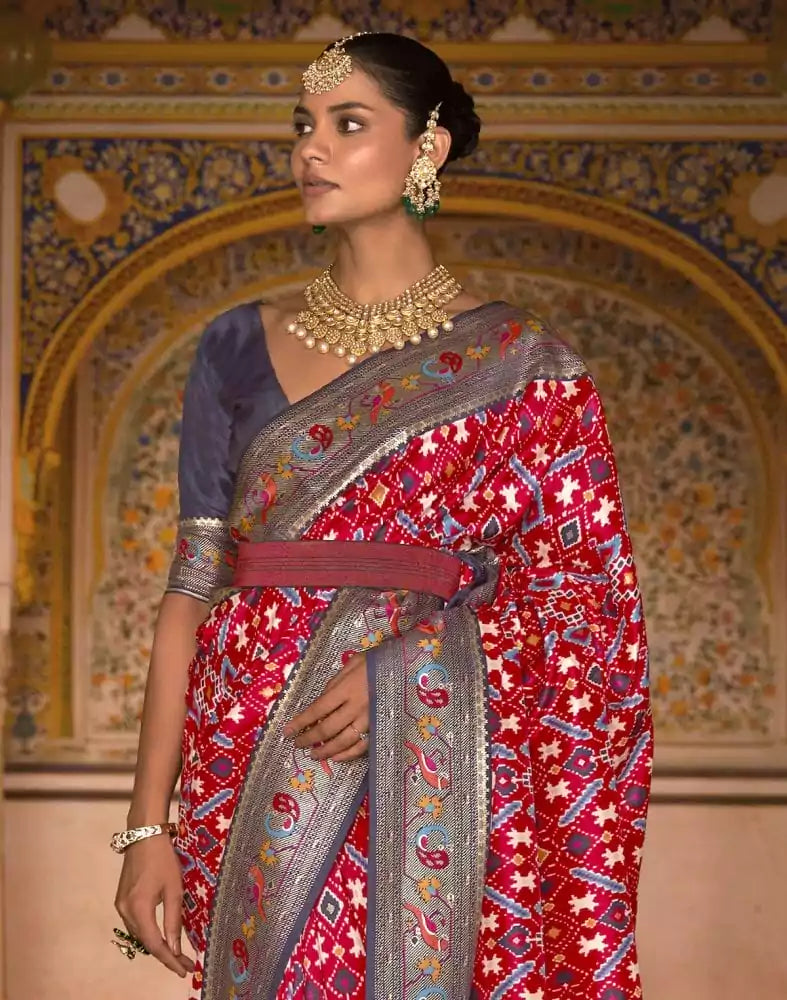 Image of Emerald Red Ikat Patola Fancy Saree