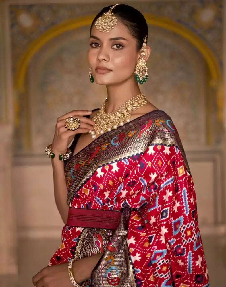 Image of Emerald Red Ikat Patola Fancy Saree