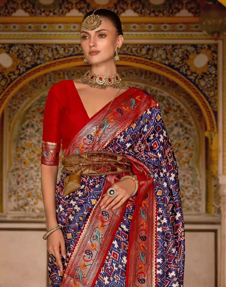 Image of Navy Blue Ikat Patola Silk Contrast Saree