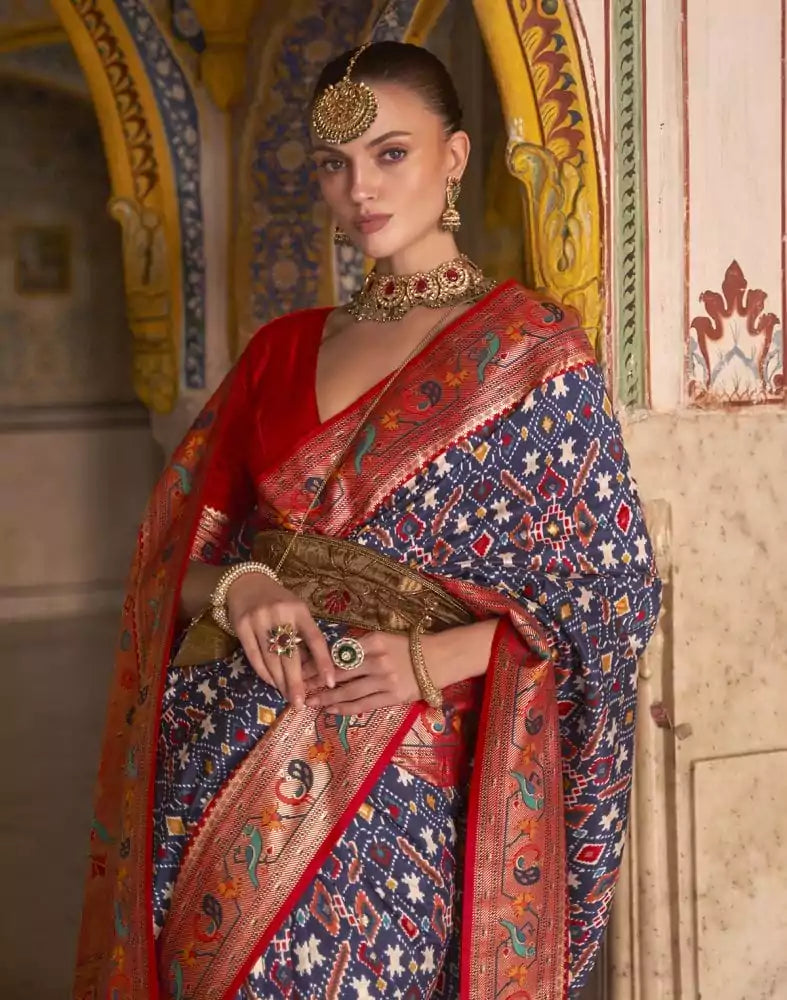Image of Navy Blue Ikat Patola Silk Contrast Saree